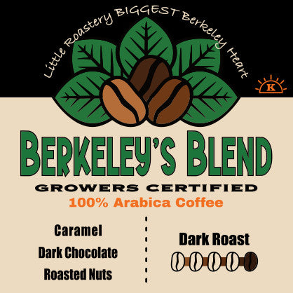 Berkeley's Blend coffee label: caramel, dark chocolate and roasted nuts notes, dark roast