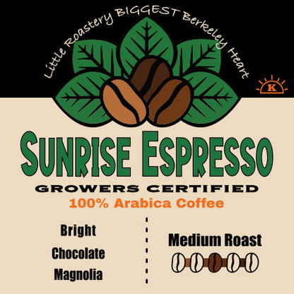 Sunrise Espresso coffee label: bright, chocolate and magnolia notes, medium roast