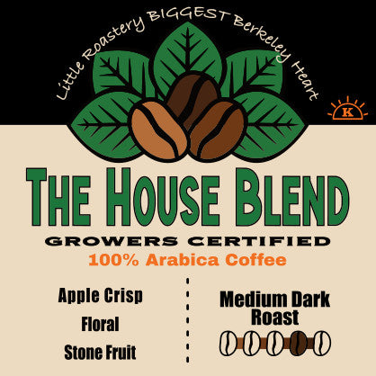 The House Blend coffee label: apple crisp, stone fruit and floral notes, medium-dark roast