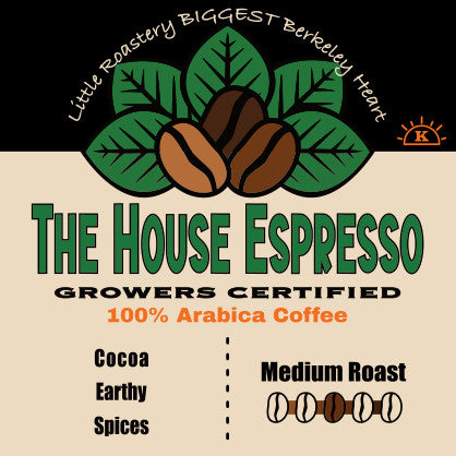 The House Espresso coffee label: cocoa, earthy and spices notes, medium roast