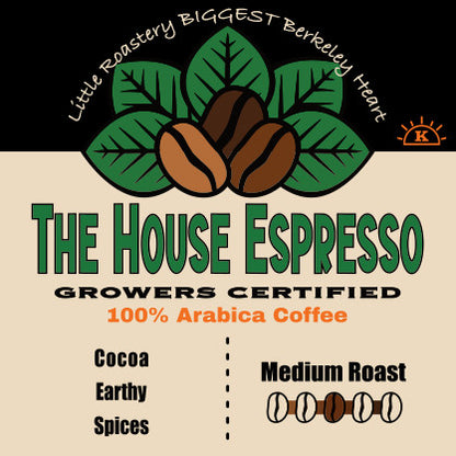 The House Espresso coffee label: cocoa, earthy and spices notes, medium roast