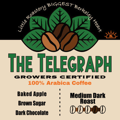 The Telegraph coffee label: dark chocolate, brown sugar and baked apple notes, medium-dark roast