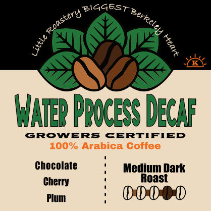 Water Process Decaf coffee label: chocolate, cherry and plum notes, medium-dark roast