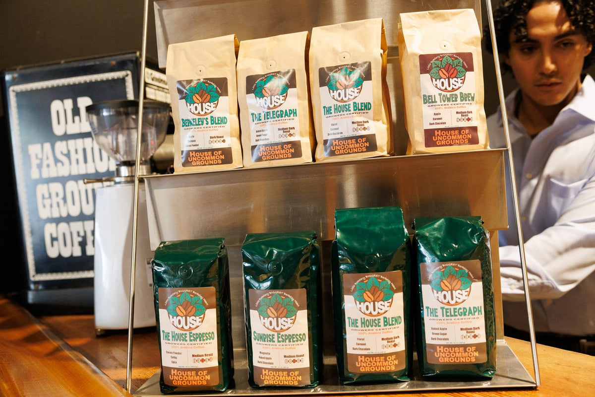 Retail bags on the display rack at The House